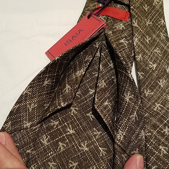 ISAIA Napoli 7 Fold Logo Tie Brown Grey Weeve - Picture 5 of 6